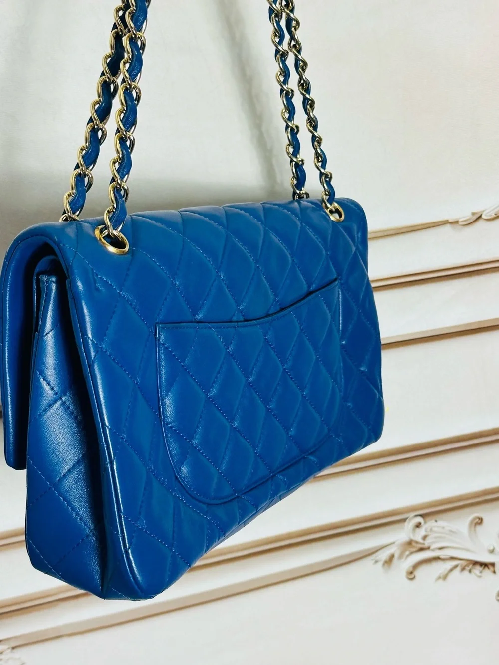 CHANEL Quilted Double Flap Shoulder Bag in Royal Blue with Gold Hardware
